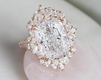 Anillo de compromiso con diamante sintético talla cojín de 12 quilates: joyería llamativa de estilo victoriano vanguardista en oro de 14 quilates.