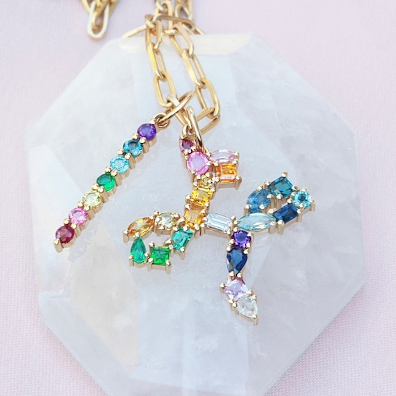 Rainbow Mix Diamond Gemstones Unique Initial Letter Necklace