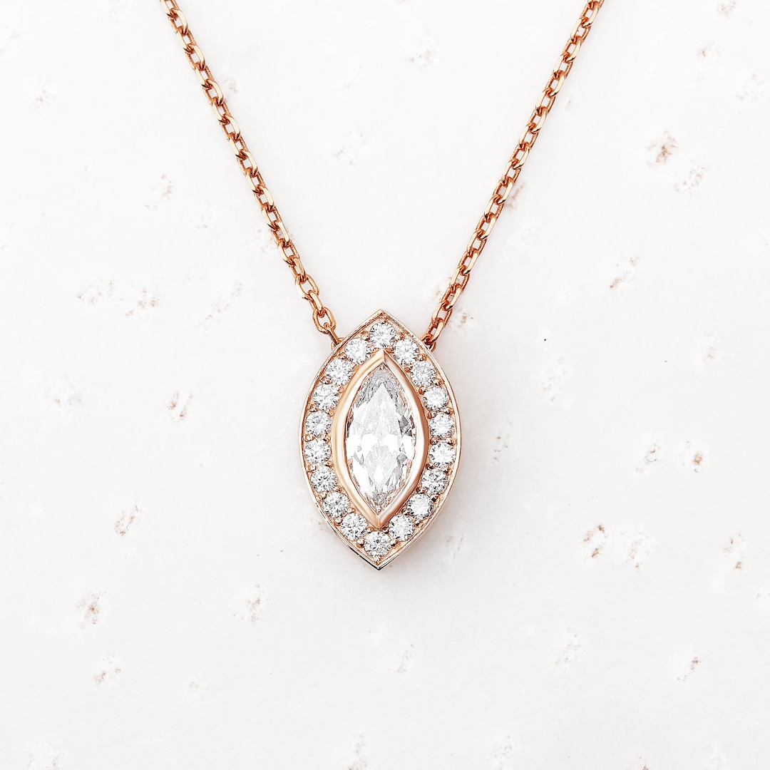 Marquise Diamond Halo Pendant Necklace Diamond Bezel Setting Etsy