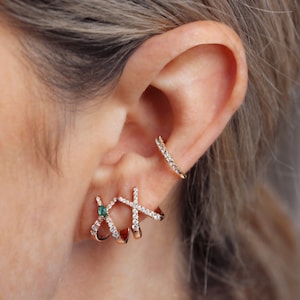 Unique X Huggie Diamond Stud Earrings with Pear-Shaped Emerald, 14K Solid Rose Gold, Diamond Emerald Earrings, Fashion Earrings,Gift For Her
