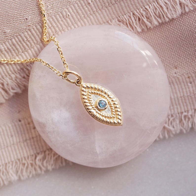 Evil Eye Protection Amulet Necklace, 14K Gold Blue Topaz Charm, Natural