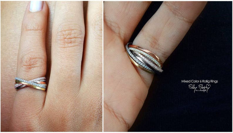 Tricolor Ring Set, 6 Rolling Rings, Diamond Bands, 14K, 18K Gold, Unique Handmade Gold And Diamond Anniversary Ring, Unique Wedding Ring image 4