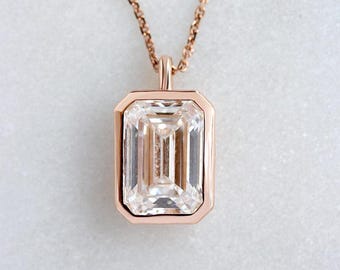 14k Solid Gold 2ct Emerald Cut Lab Grown Diamond Bezel Pendant Necklace