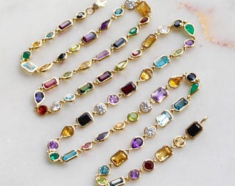Colorful Rainbow Multi Gemstone Mixed Shape Bezel Set Collier Necklace: 14K Solid Gold Sri Lanka