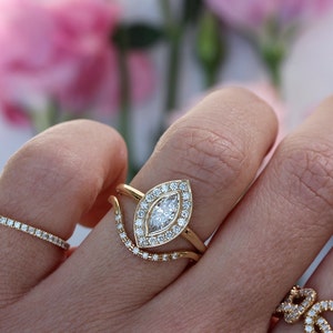 Marquise Natural Diamond / Lab Diamond Halo Ring, Bezel Setting Ring, 14K Gold Unique Engagement Ring, Minimal Diamond Halo Ring - Ola