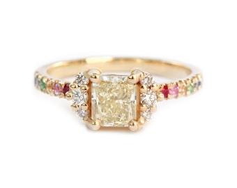Radiant Cut Yellow Diamond Ring, 14K Gold Rainbow Gemstone Band Parvati