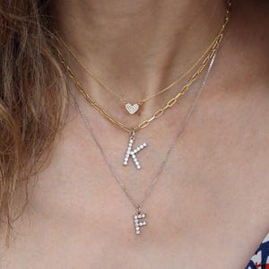 Colar inicial de diamante de ouro 14K, pingente de charme de letra personalizado, colar de alfabeto grande, presente de aniversário para ela
