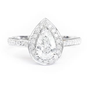 Natural Pear Cut Diamond GIA Engagement Ring, Pear Diamond Halo Ring, Diamond Pave Band, 3/4 Carat Diamond Ring, 14K Solid Gold