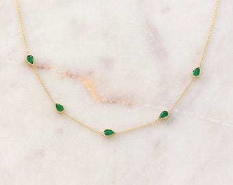 14K gouden smaragdgroene ketting, ringinstelling, peer Emerald Station-ketting, mei geboortesteensieraden, cadeau voor haar