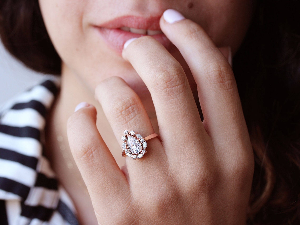 Pear Moissanite & Diamonds Unique Engagement Ring Halo image 1
