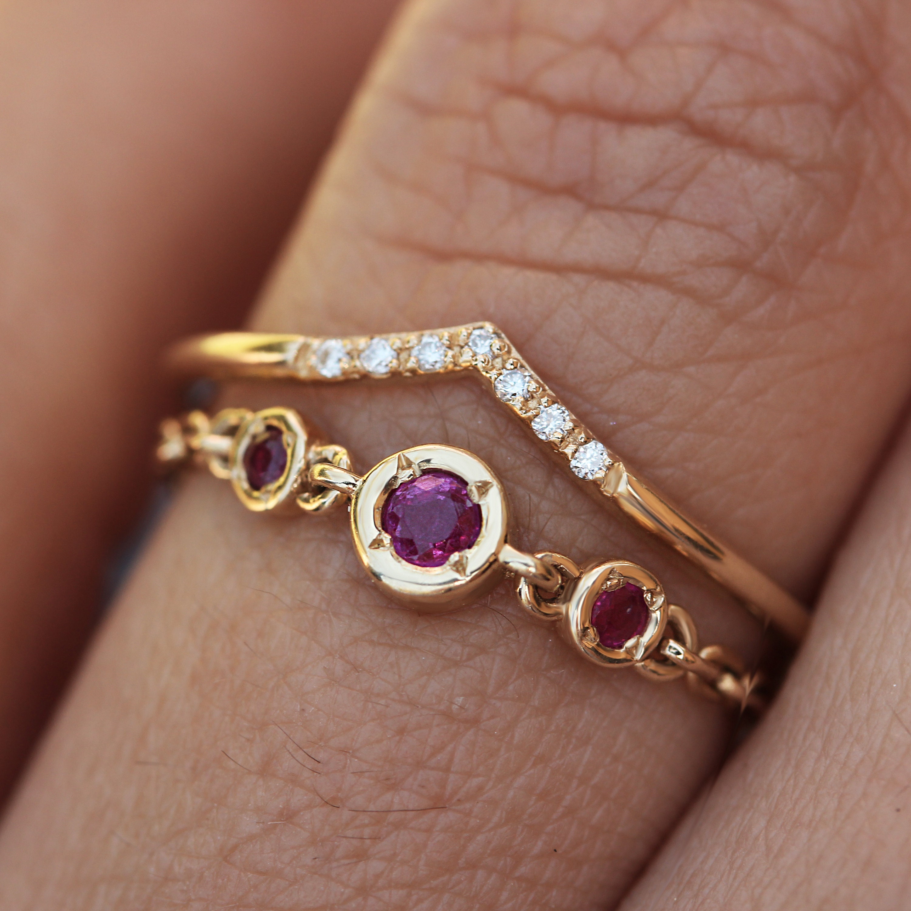 14k solid gold chain ring 3 birthstone Natural Gemstone Bezel Etsy