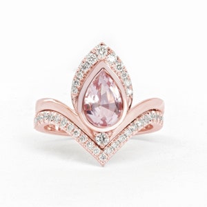 Pear Morganite & Diamonds Unique Engagement Ring set, Weeding rings set, Morganite Bridal Set, Rose Gold Engagement Ring Set Atyasha V