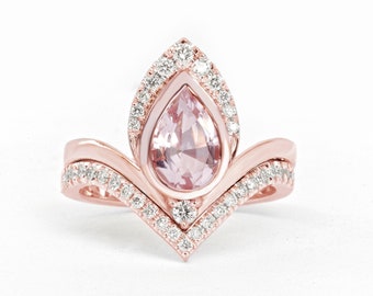 Pear Morganite & Diamonds Unique Engagement Ring set, Weeding rings set, Morganite Bridal Set, Rose Gold Engagement Ring Set Atyasha V