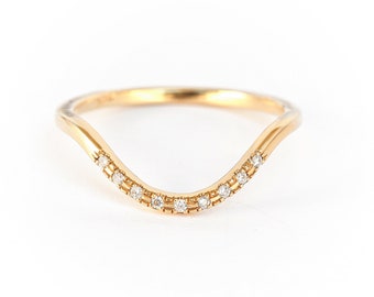 Anillo de diamantes delicado curvado, anillo de bodas de diamantes único - oro amarillo de 14 qt, anillo lateral de diamantes, anillo apilable de diamantes