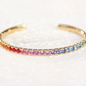 Rainbow Sapphires Cuff Gold Bangle, Unique 14K Gold Round Sapphire Pave Setting, September&#39;s Birthstone, Anniversary Gift, Gift For Her