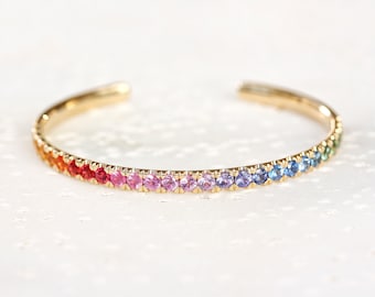 Rainbow Sapphires Cuff Gold Bangle, Unique 14K Gold Round Sapphire Pave Setting, September&#39;s Birthstone, Anniversary Gift, Gift For Her