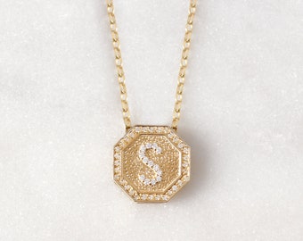 Octagon Pave Diamond Personalized Initial Necklace | 14K Solid Gold | Pendant slides on chain | Birthday & New Mom Gift