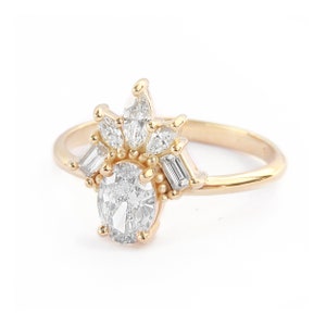 Oval Diamond Unique Cluster Engagement Ring, Dainty Art Deco Engagement Ring, Marquise & Baguette Diamonds, 14K Solid Gold, Gatsby image 2