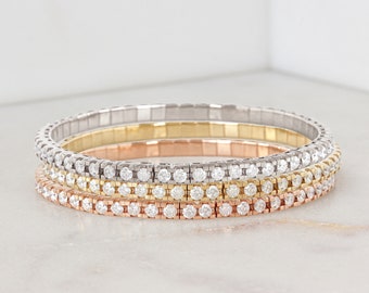 3 carat Flexible Diamond Bangle Extendable Tennis Bracelet, 14k Solid Gold, One size fits most.