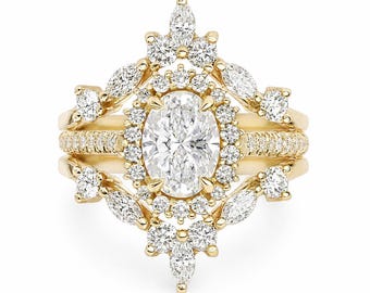 1CT Oval Diamond Halo Unique Engagement & Vintage Wedding Three Ring Set, Art Deco White Gold Rings For Women, Nia and Two matching V Bands