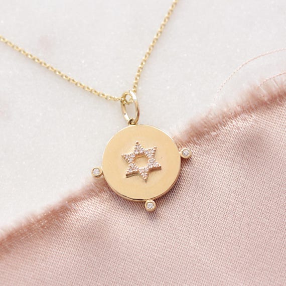 14K Solid Yellow Gold Star Of David Pendant Necklace - Jewish Magen Disc Charm Judaica Religious Jewelry - View #8