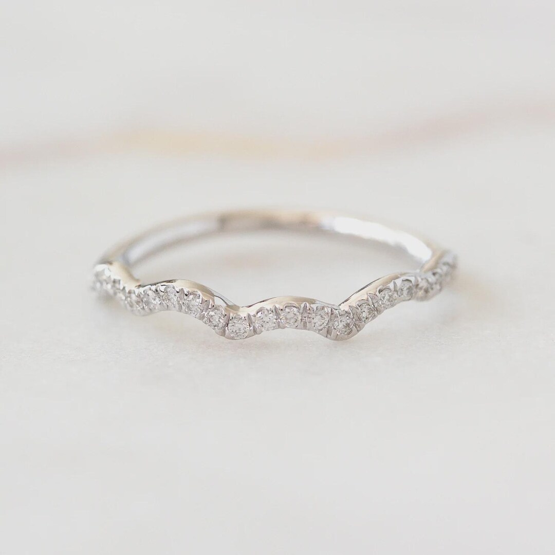 Dainty Diamond Wavy Ring, 14K Gold Half Eternity Wedding Band ...