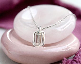 14K Solid Gold 1ct Emerald Cut Lab Grown Diamond Bezel Pendant Necklace