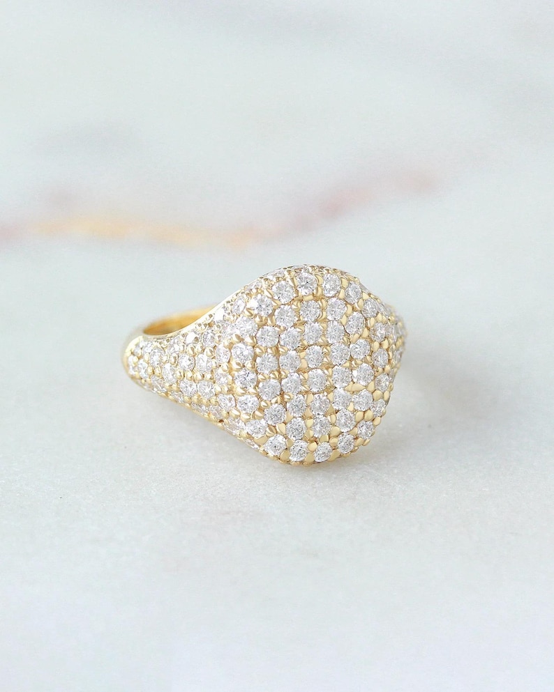 Genuine 14K Solid Gold Diamond Signet Ring, Pinky Ring, Pave Diamond Ring, Statement Jewelry, Gift for Her