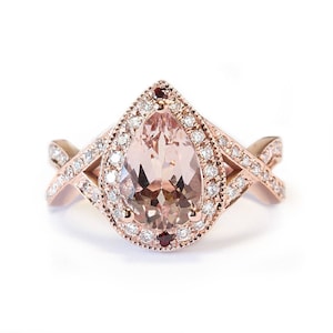 Pear Shape Pink Morganite Engagement Ring, Twist Infinity Band, Pear Morganite & Rose Gold Engagement Ring, Morganite and Diamond Ring