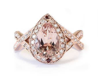 Pear Shape Pink Morganite Engagement Ring, Twist Infinity Band, Pear Morganite & Rose Gold Engagement Ring, Morganite and Diamond Ring