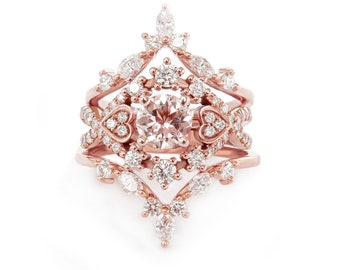Morganite & Diamond Halo Rose Gold Engagement Ring Set