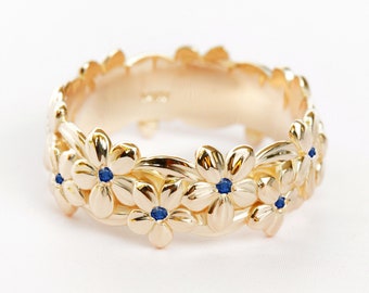 Ring met gepersonaliseerde geboortesteen en madeliefje | 7 mm bloemen trouwring | Gepersonaliseerde Hawaiiaanse ring met blauwe saffier en septembermotief | Geboortebloemring voor haar