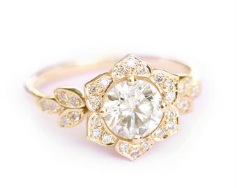 Moissanite & Diamant Verlobungsring, Gold Verlobungsring, Moissanite Versprechen Ring, Art-Deco-Ring, einzigartige Ringe, Lilienblume