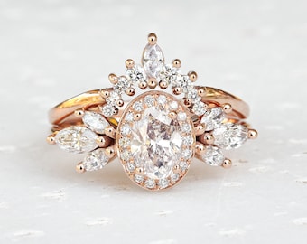 Oval Diamond 1.55ct Unique Engagement Rings Set, Athena & Athena Armor, Diamond Bridal Rings Set, Cluster Diamond Wedding Rings Set