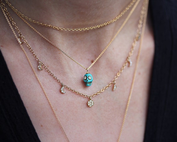 Diamond, Gold & Turquoise Skull Spiritual Charm, Tibetan Skull Prayer Beads Pendant  Necklace, Mini Bone Hyolite ,with Diamond Eyes 