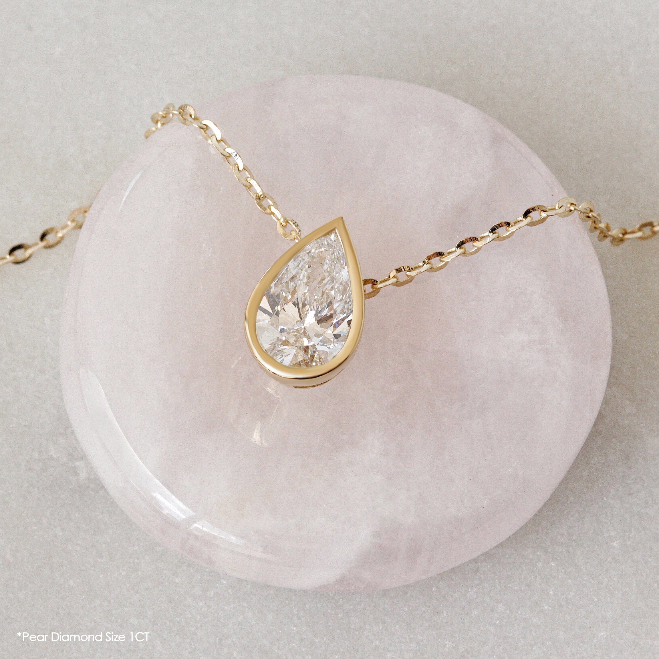 1CT Pear Shape Bezel Set Solitaire Diamond Necklace. Charm Pendant 14K Gold Necklace, Teardrop, Gift for Her, Bridal Jewelry, Minimalist