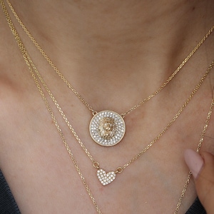 14k Gold Diamond Lion Pendant Necklace, Pave Zodiac Coin Charm, Astrology Gift for Her - &quot;Lion King&quot;