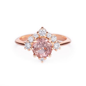 Morganite & Diamonds Unique Cluster Engagement Ring, Rose Gold Round Morganite Diamond Halo Unique Wedding Ring, Pink Stone Ring, Luna Ring