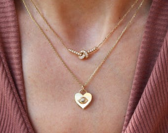 Knot Necklace, Choker 14K White Gold Necklace, Love Knot Pendant, Natural Diamond Necklace, Anniversary Gift, 14K Rose Gold Bridal Necklaces