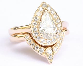 Paer Moissanite diamond halo Engagement Ring & Matching Diamond Wedding Ring Side Band, Bridal Set, Third Eye Rings Diamond Bridal Set
