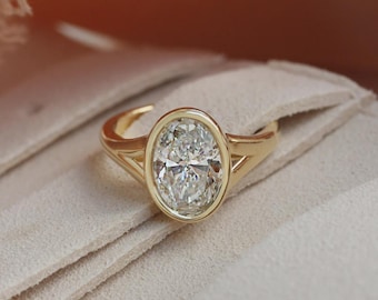 1.5CT Oval Lab Diamond Solitaire Engagement Ring: 14k Solid Gold Bezel Split Shank