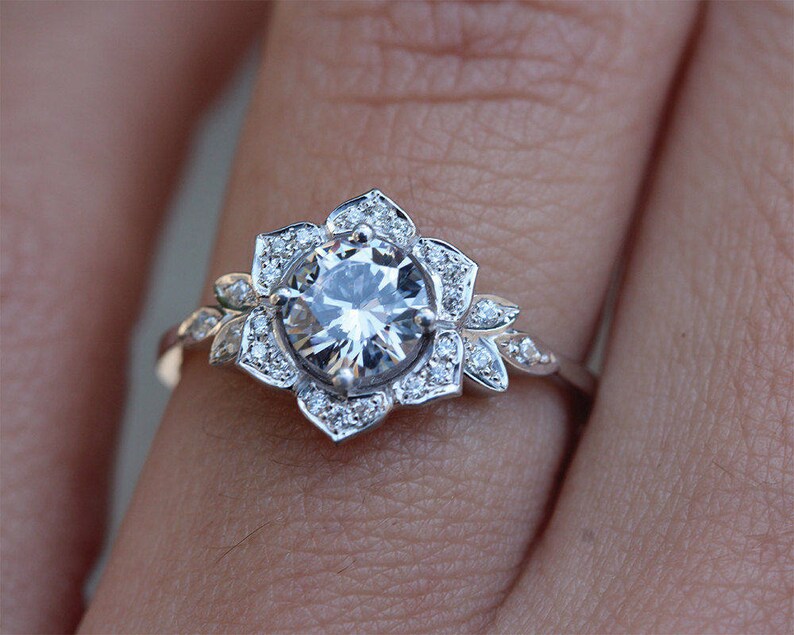 Buy Moissanite & Diamond Engagement Ring Lily Flower Gold Online in