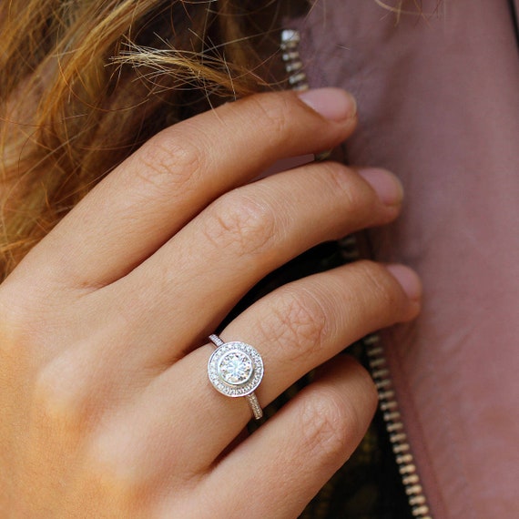 Diamond Halo Unique Engagement Ring Affordable Engagement Ring Pave Band Round Halo Engagement Ring Diamond Halo Ring Silly Shiny Diamonds