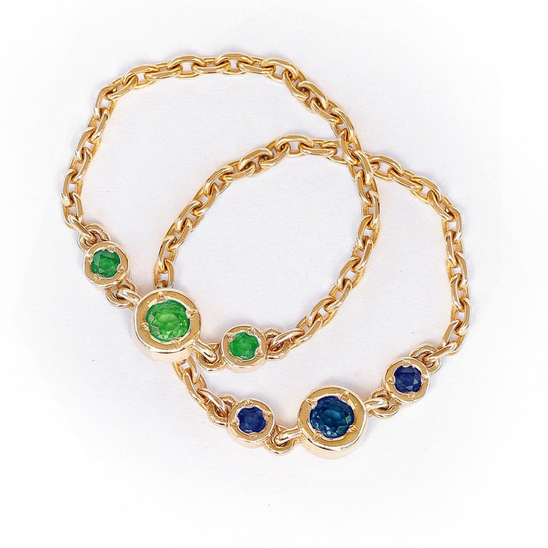 14k Solid Gold Chain Ring 3 Birthstone Natural Gemstone Bezel Etsy