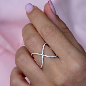 Diamond X Ring, Criss Cross Gold Wedding Band, Eternity Fashion Ring, Pave Diamond, Gift for Her