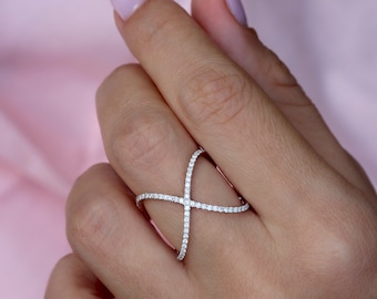 Diamond X Ring, Criss Cross Gold Wedding Band, Eternity Fashion Ring, Pave Diamond, Gift for Her
