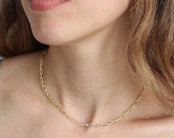 14K Solid Gold Paperclip Chain Necklace: 2.8mm Link Width Yellow White Rose Gold
