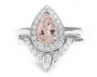 Pear Morganite & Diamonds Wedding Rings Set, Engagement Ring with Matching Side Diamond Band, Engagement and Wedding Ring Set, The 3rd Eye