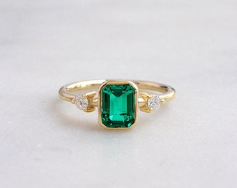 1.50CT Chatham Emerald Engagement Ring Set: 14k Gold Lab Grown Diamond Band