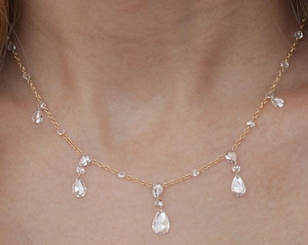 3.65CT Rose Cut Floating Diamond Necklace: 14K Yellow Gold Dainty Jewelry